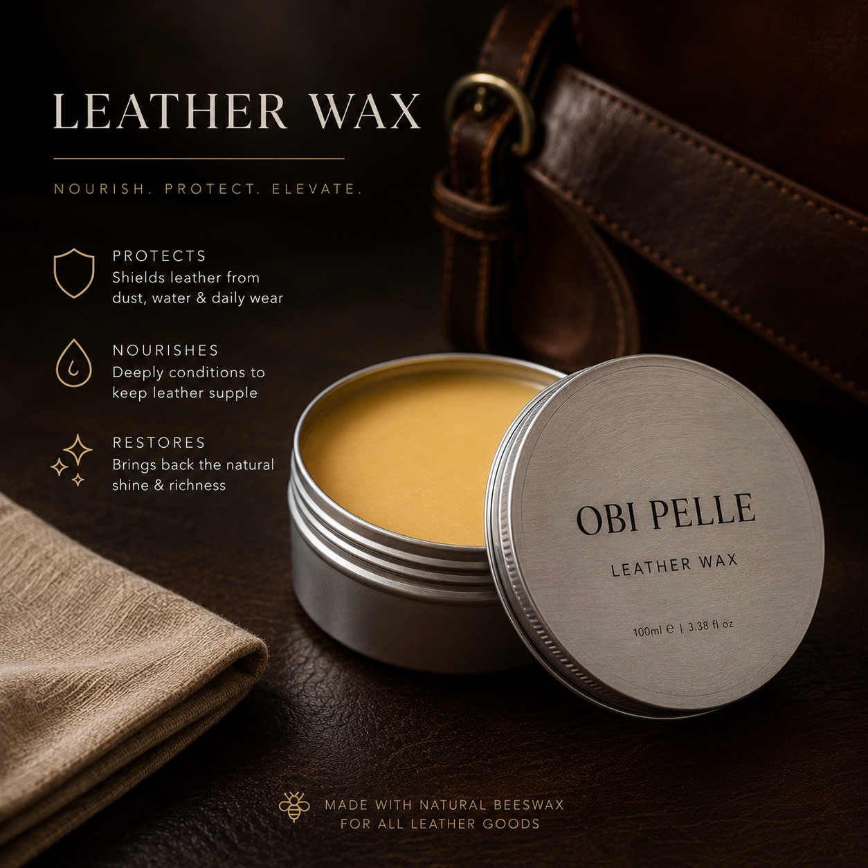Obi Pelle leather wax tin with leather bag and belt